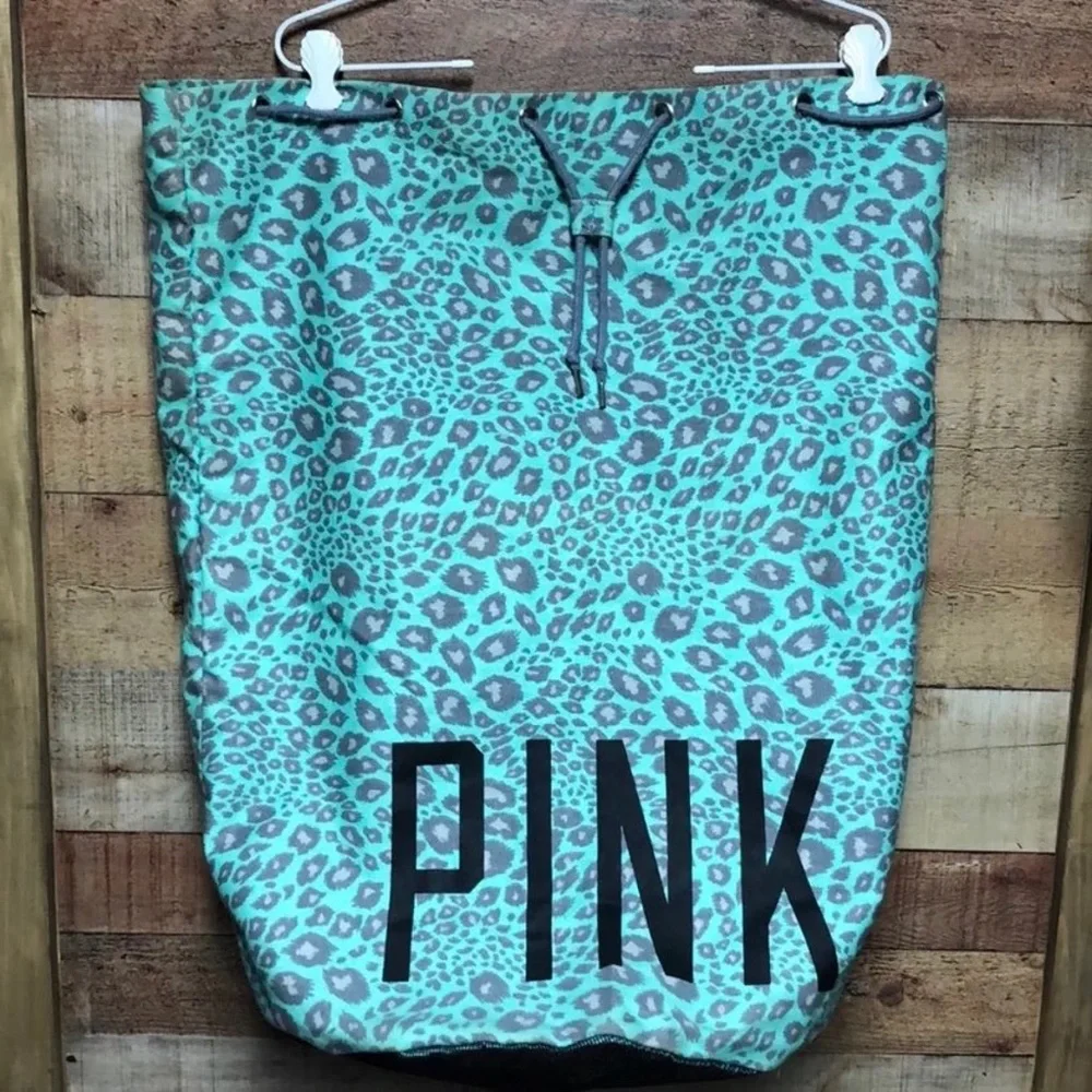 VERY RARE Victoria's Secret PINK Seafoam Dorm Green Leopard Print Laundry Bag